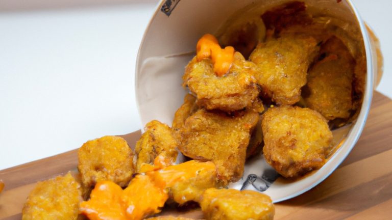 Imagem de nuggets de frango empanados com Doritos crocantes, cozidos na airfryer até dourar. Os nuggets são servidos em um prato com molho para imersão.