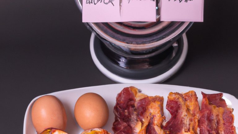 Imagem de uma cesta de fritadeira cheia de ovos cozidos e bacon, com um garfo ao lado.