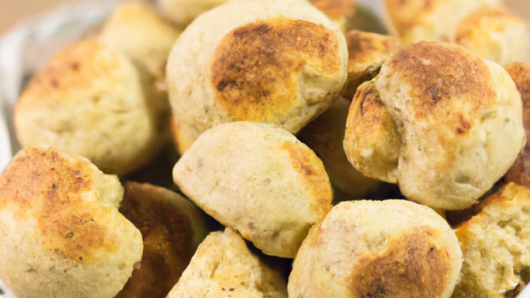 Imagem de pãezinhos de aveia dourados e fofos recém-saídos de uma Airfryer. Os pãezinhos estão em uma cesta forrada com papel manteiga e têm um leve tom marrom.