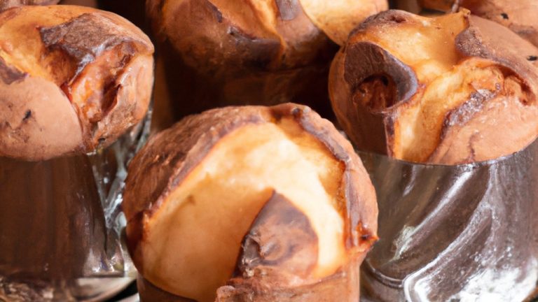 Imagem de um panetone ou chocotone cozido em uma caneca na airfryer. O panetone ou chocotone é dourado e tem uma textura fofa. A caneca é branca e tem uma alça azul. A airfryer é preta e tem uma cesta de fritura de ar removível.