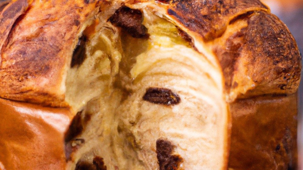 Imagem de um panetone ou chocotone assado em uma airfryer. O pão doce tem uma crosta dourada e um interior fofo e arejado. Ele é decorado com frutas cristalizadas e nozes.