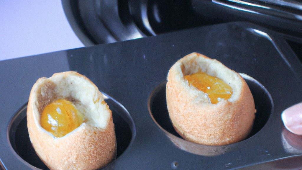 Imagem de um pão com ovo sendo preparado em uma airfryer. O pão é redondo e tem uma cavidade no centro, preenchida com um ovo. A airfryer é um pequeno eletrodoméstico com uma cesta de metal para cozinhar os alimentos.