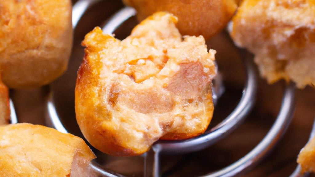 Foto de pãozinho assado na Airfryer, cortado ao meio e recheado com cebola caramelizada. O pão tem uma crosta crocante e dourada, enquanto o interior é macio e fofo. A cebola é doce e caramelizada, adicionando um sabor delicioso ao pão.
