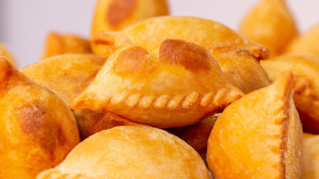 Imagem de um prato de pastel caseiro frito na airfryer. O pastel é feito com massa caseira e recheado com uma mistura de carne moída, cebola, tomate e temperos. O pastel é frito até dourar e ficar crocante.