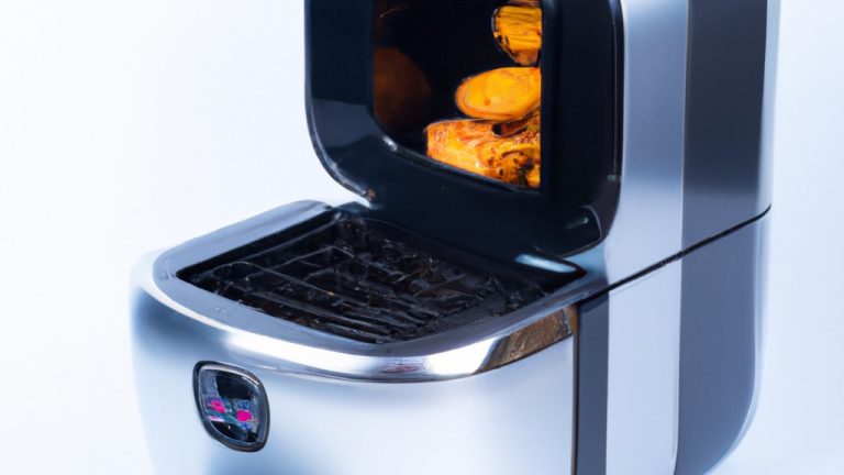 Imagem de uma fritadeira de ar quente, um aparelho de cozinha que permite fritar alimentos sem usar óleo. A fritadeira tem um cesto de fritura removível e um painel de controlo com vários botões e um visor digital.