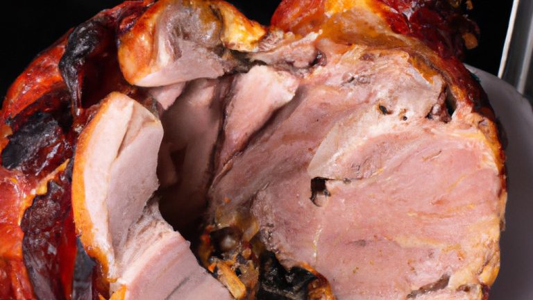 Imagem de um pernil assado suculento e dourado cozido em uma airfryer. A carne é cercada por batatas, cenouras e cebolas assadas, que estão levemente douradas e caramelizadas. O pernil foi regado com um molho saboroso, que confere-lhe um brilho apetitoso.