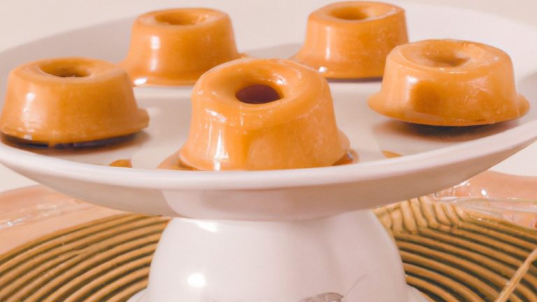 Uma fotografia de um petit gateau de doce de leite feito na Airfryer. O petit gateau é redondo e tem uma crosta dourada. Está coberto com uma generosa porção de doce de leite e tem um coração derretido e pegajoso.