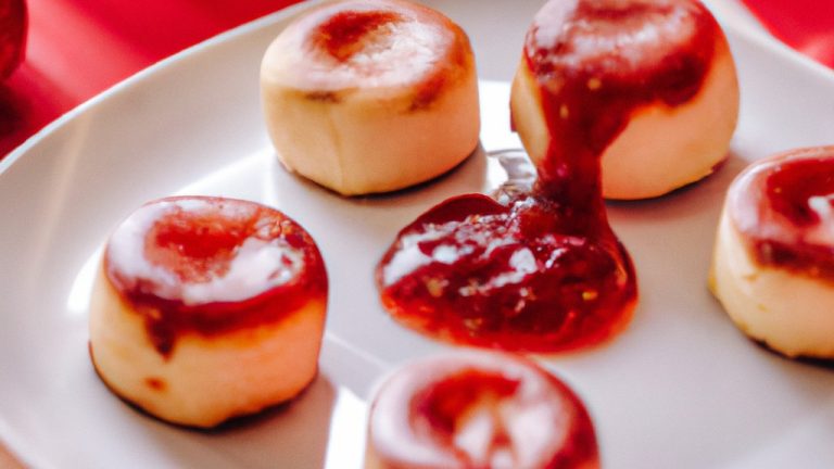 Uma foto de uma airfryer aberta com um petit gateau de queijo com goiabada dentro. O petit gateau tem uma crosta dourada e um centro cremoso. A goiabada está por cima do petit gateau, criando um contraste de cores.