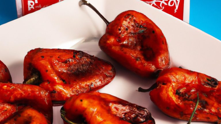 Imagem de pimentões vermelhos, amarelos e verdes assados em uma Airfryer. Os pimentões são levemente carbonizados e têm uma aparência brilhante e suculenta.