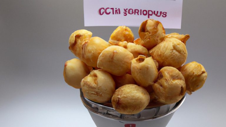 Imagem de uma tigela de pipocas de suspiro crocantes e douradas, feitas na Airfryer. Elas são cobertas com açúcar de confeiteiro e têm uma textura leve e arejada. A imagem mostra o método fácil de fazer a sobremesa na Airfryer, resultando no suspiro mais simples e delicioso do mundo.