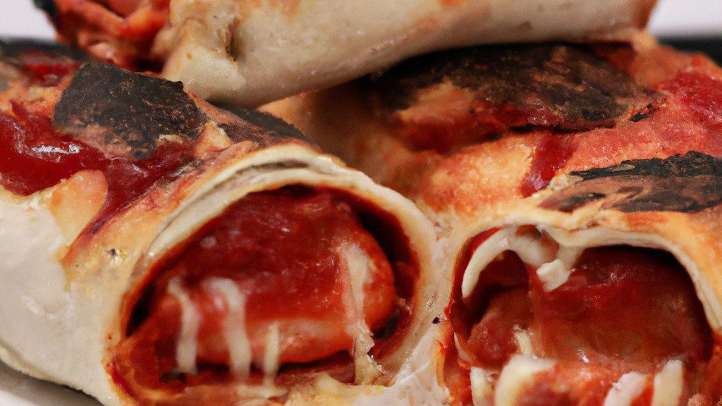 Foto de uma pizza enrolada cozida em uma airfryer. A pizza tem uma crosta dourada e crocante, e está recheada com queijo derretido, pepperoni e outros ingredientes.