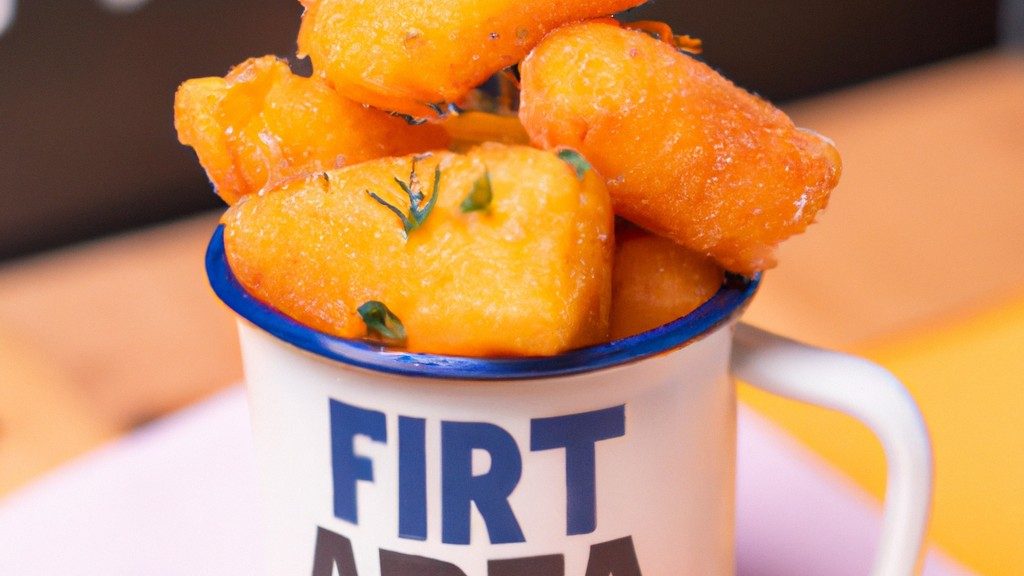 Esta imagem mostra uma porção de polenta frita em uma cesta de fritadeira. A polenta está cortada em palitos dourados e crocantes. É servida com um molho de tomate à parte.
