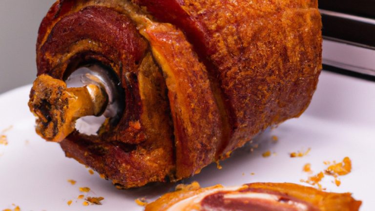Imagem de uma porchetta assada em uma airfryer. A porchetta tem pele crocante e dourada e é recheada com ervas e especiarias. A airfryer está no fundo da imagem e é visível o cesto com a porchetta dentro.