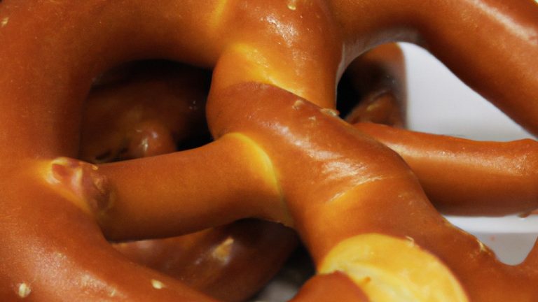 Imagem de pretzels quentes e dourados recém-saídos da Air Fryer, dispostos sobre um prato forrado com papel manteiga. Os pretzels têm uma aparência crocante e salgada, com uma pitada de sal salpicada por cima.