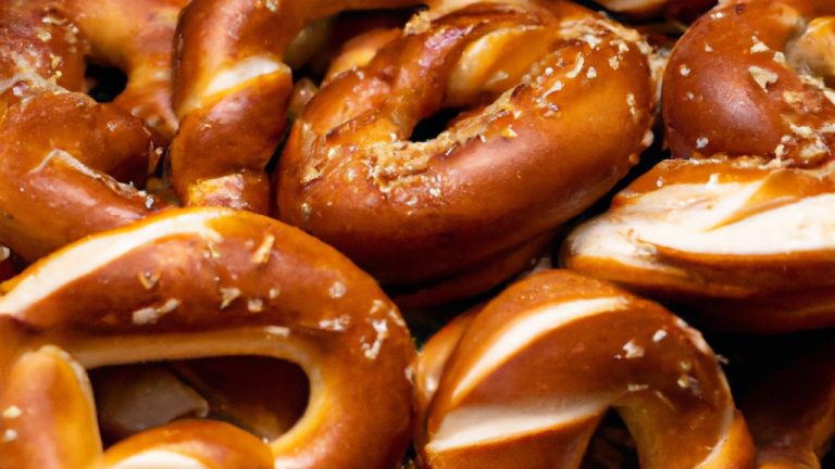 Uma foto de Pretzels dourados e crocantes dispostos em uma tigela. Os Pretzels têm uma casca salgada e um interior macio e mastigável, semelhantes aos encontrados em um shopping.