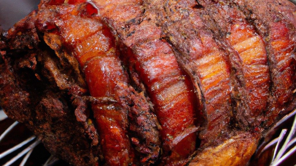 Uma imagem de um suculento assado de costela preparado na Airfryer. A carne está perfeitamente dourada e caramelizada por fora, enquanto o interior permanece tenro e rosado. O assado é acompanhado por batatas assadas crocantes e aspargos grelhados.
