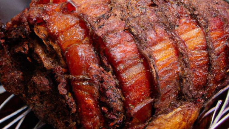 Uma imagem de um suculento assado de costela preparado na Airfryer. A carne está perfeitamente dourada e caramelizada por fora, enquanto o interior permanece tenro e rosado. O assado é acompanhado por batatas assadas crocantes e aspargos grelhados.