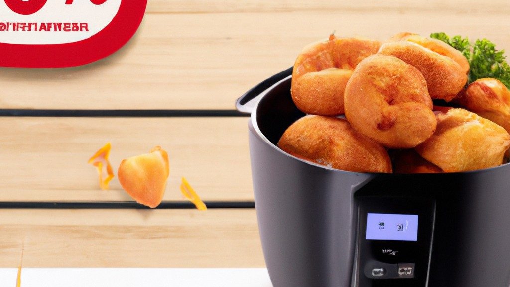 Uma imagem promocional de uma Airfryer com texto que diz "Promoção Airfryer Final De Ano". A imagem mostra uma Airfryer vermelha com uma cesta removível e um display digital. A Airfryer está sobre uma superfície branca com um fundo vermelho e branco.