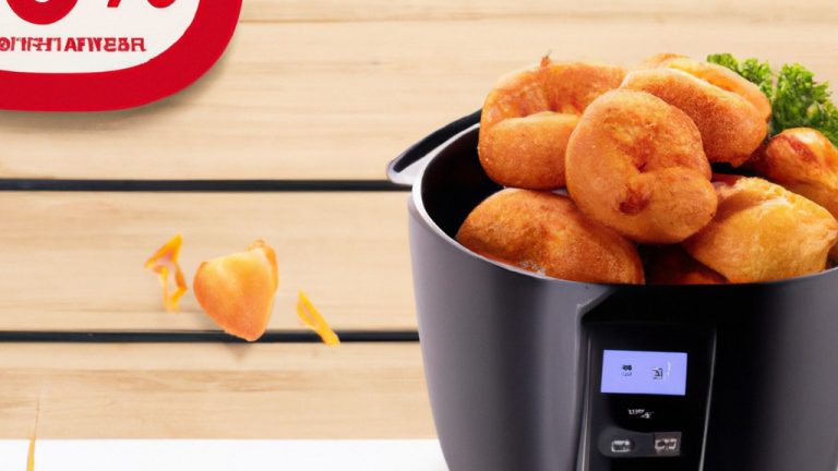 Uma imagem promocional de uma Airfryer com texto que diz "Promoção Airfryer Final De Ano". A imagem mostra uma Airfryer vermelha com uma cesta removível e um display digital. A Airfryer está sobre uma superfície branca com um fundo vermelho e branco.