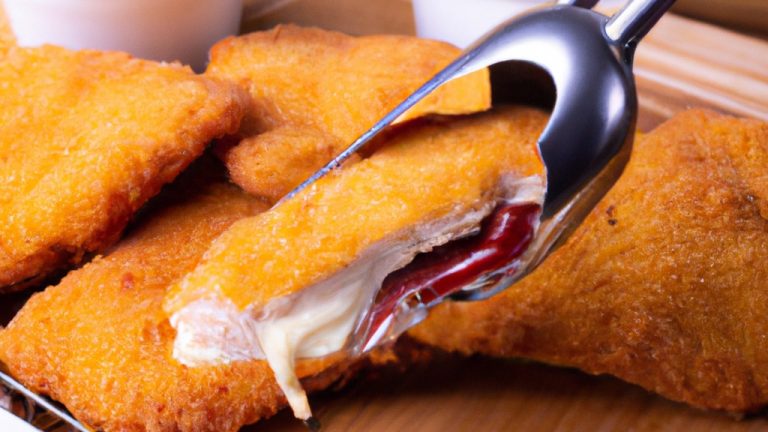 Imagem de um prato com Provolone à Milanesa feito na Airfryer. O queijo empanado é dourado e crocante, com uma camada de queijo derretido no interior. A imagem mostra o prato de cima, com uma garoa de molho de tomate ao lado.