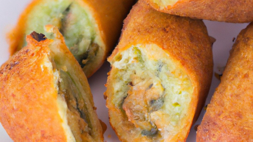 Imagem de quiabos crocantes e dourados cozidos em uma Airfryer, dispostos em um prato branco. Os quiabos são temperados com sal e pimenta e guarnecidos com uma pitada de ervas frescas.