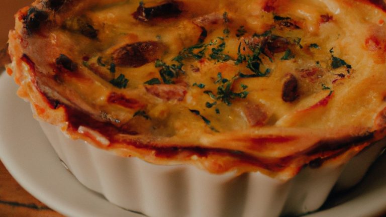 Imagem de uma quiche dourada e crocante cozida em uma airfryer, com recheio cremoso visível através da crosta.