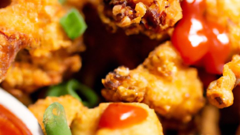 Uma foto de asinhas de frango crocantes e douradas cozidas em uma Airfryer. Elas estão dispostas em uma cesta de arame e cobertas com um molho picante.
