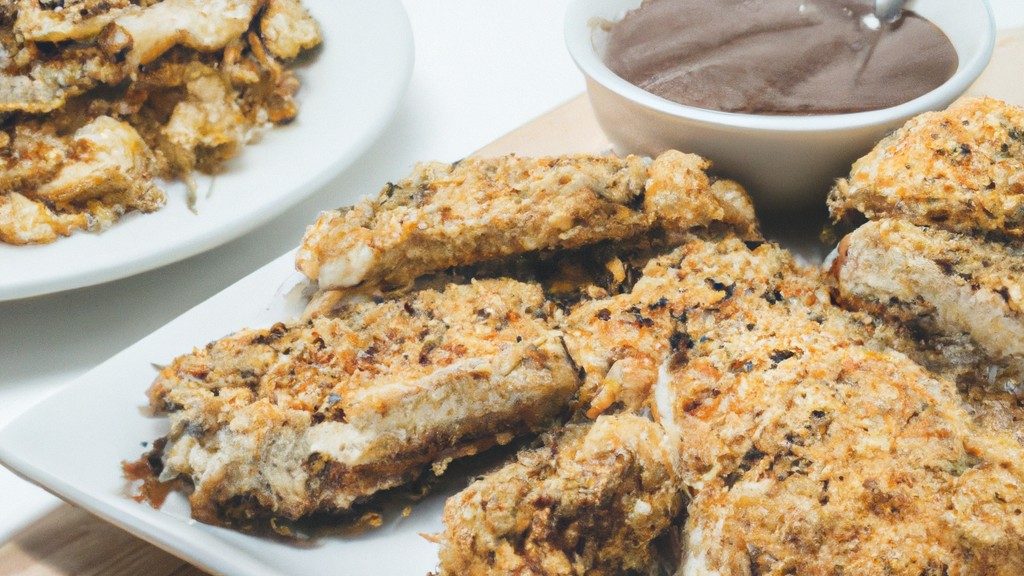 Imagem de bananas empanadas crocantes cozidas em uma Airfryer. As bananas são cortadas em pedaços, empanadas em farinha, ovo e farinha de rosca e fritas até ficarem douradas e crocantes. Servidas com molho de caramelo ou chocolate.