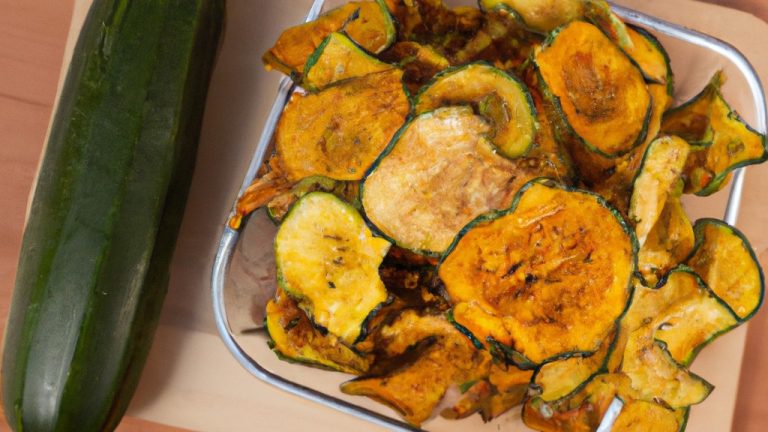 Imagem mostrando uma porção de chips de abobrinha dourados e crocantes preparados em uma airfryer. Eles são polvilhados com sal e pimenta e servidos em uma tigela branca.
