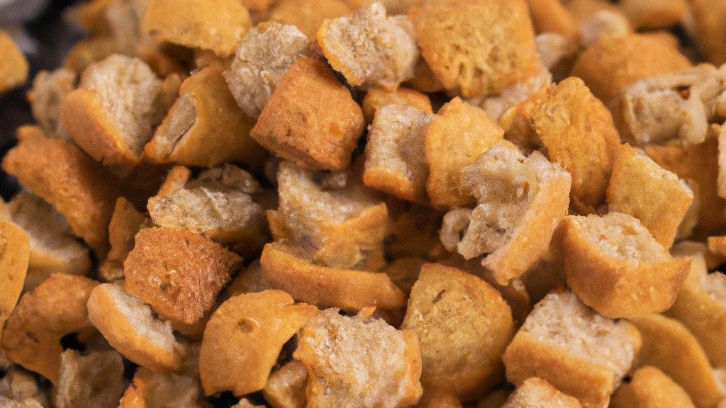 Uma imagem de croutons dourados e crocantes feitos na Airfryer, servidos em uma tigela pequena ao lado de uma salada.