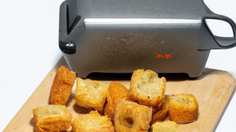 Imagem de croutons crocantes e dourados preparados em uma Airfryer. Esses croutons caseiros são feitos com pão cortado em cubos e temperados com azeite, sal e pimenta. Eles são o complemento perfeito para saladas, sopas e ensopados.