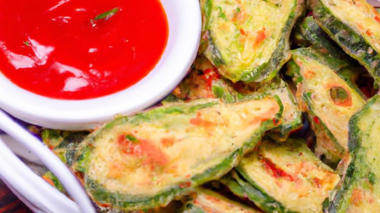 Imagem de quiabos fritos crocantes na Airfryer, acompanhados de um molho de tomate. Os quiabos são dourados e têm uma textura crocante por fora e macia e suculenta por dentro. O molho de tomate é vermelho brilhante e tem um sabor azedo e doce.