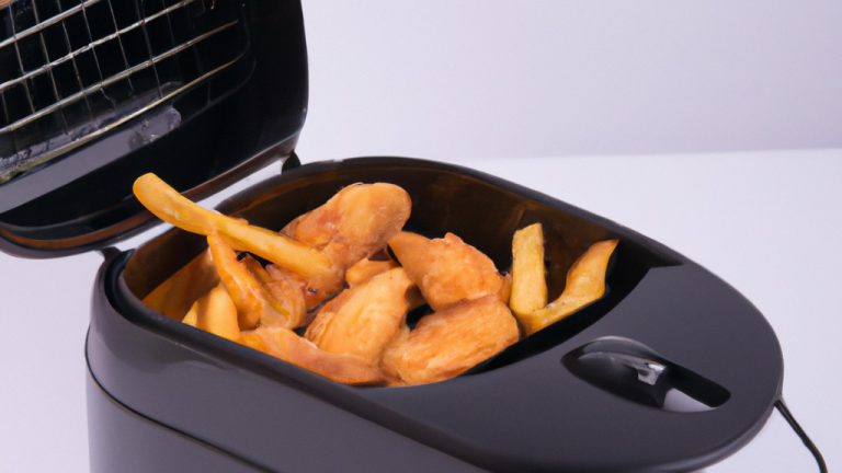 **Descrição da Imagem Alternativa:**
Uma imagem de uma fritadeira de ar preta e cinza com uma cesta removível. A fritadeira está colocada numa superfície branca com um fundo branco. Há um texto na imagem que diz "Air Fryer".