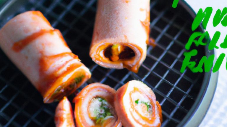 Imagem de rolinhos primavera crocantes e dourados cozidos na airfryer, servidos com um molho de imersão. Esses harumakis caseiros são uma opção de aperitivo deliciosa e fácil de fazer, com recheio de legumes e carne moída, envoltos em uma crosta crocante.