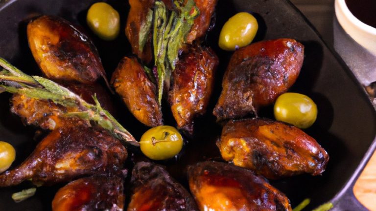 Imagem de azeitonas pretas, temperadas com ervas e azeite de oliva, dispostas em uma cesta de fritadeira de ar quente. A imagem mostra o prato pronto para ser cozido na fritadeira, com gotas de azeite visíveis sobre as azeitonas.