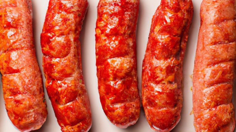 Imagem de salsichas italianas cozidas em uma Airfryer. As salsichas são douradas e crocantes, e estão dispostas em um prato branco.