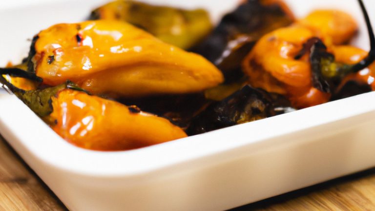 Imagem de pimentões coloridos (vermelho, amarelo e verde) assados na Airfryer, servidos em um prato com azeite, sal e pimenta. Os pimentões estão ligeiramente caramelizados e dourados, com uma pele levemente enrugada.