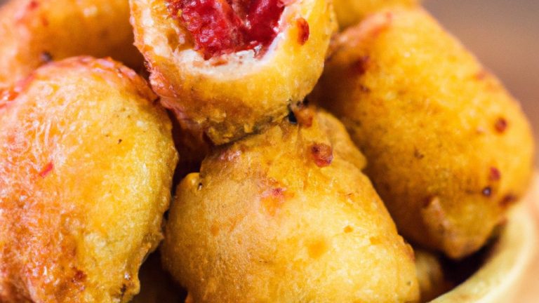 Imagem de um polpetone dourado e crocante cozido em uma Airfryer. O polpetone é feito de carne moída e pão ralado, e é coberto com molho de tomate.