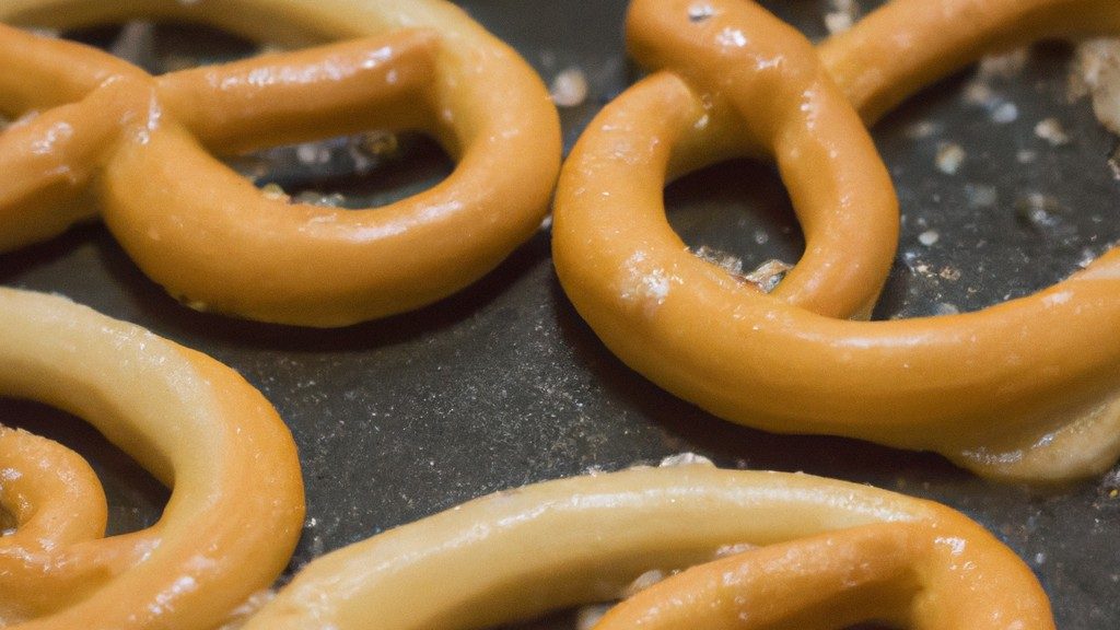 Imagem de pretzels crocantes e dourados feitos na fritadeira sem óleo. Os pretzels são dispostos em uma tigela de cerâmica branca, com sal grosso polvilhado por cima. O fundo da imagem é uma superfície texturizada de madeira escura, criando um contraste visual.